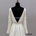 Simple design long sleeve v-neck beaded bride's party beaded satin wedding dress